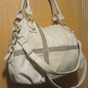 LaTique Cream Faux Leather Satchel Handbag Gold Hardware Studded Accents